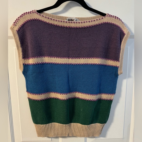 Country Suburbans Sweaters - VTG 80’s Colorful Striped Sweater Vest Linen Cotton Woman’s 90’s Small Granny